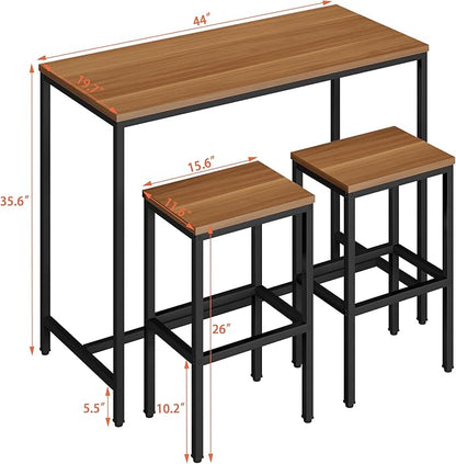 Yongchuang 3 Piece Bar Table Set, Bar Table and Chairs Set of 2, Modern Counter Height Table with 2 Stools for Kitchen, Dining Room, Living Room Breakfast Table Industrial Brown Wood Top