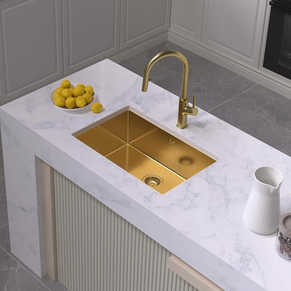 Gold Kitchen Sink 27x18 Inch Undermount Kitchen Sink 16 Gauge Stainless Steel Single Bowl with Accessories Round Corners Handmade