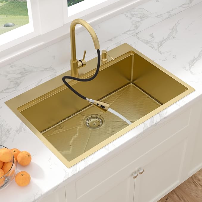 Sarlai 33 Gold Kitchen Sink with Faucet- 33x22 Inch Drop In Kitchen Sink Single Bowl Topmount Gold Ledge Workstation Sinks 16 Gauge Stainless Steel Sinks with Pull-out Faucet