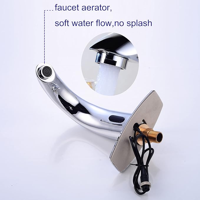 Automatic Touchless Bathroom Sink Faucet Motion Activated Sensor Faucets Hands Free Commercial Tap with Hole Cover Deck Plate Battery Operated Control Box Adjustable Temperature Mixer（Chrome）