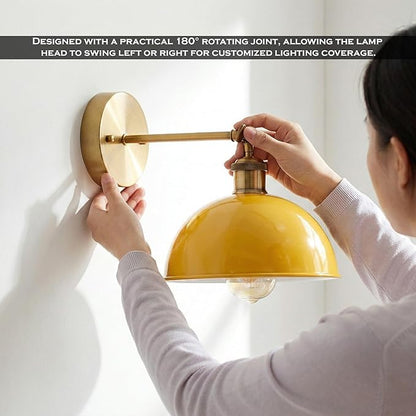 Dome Metal Wall Sconce, 180° Adjustable Industrial Wall Lamp for Bedside, Study, Kitchen, and Living Room Décor. (Yellow.)