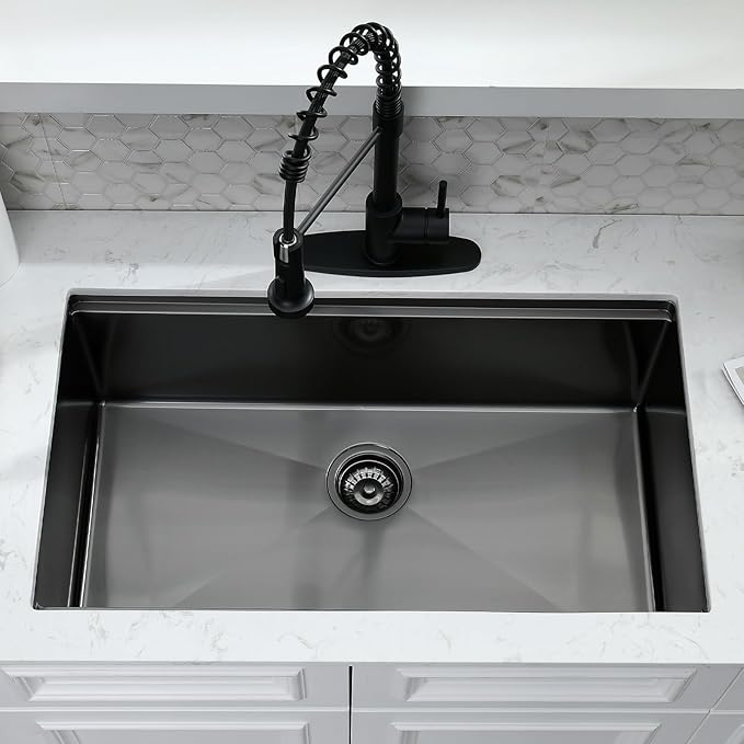 33x19 Inch Black Undermount Kitchen Sink with Faucet Combo - 33 inch Stainless Steel Single Bowl Kitchen Sinks 10 inch Deep Black Undermount Workstation Sink with Accessories