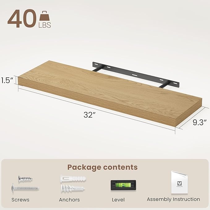 Vivelove 32 Inch Floating Shelves for Wall, 32x9 Display Shelves for Bathroom Living Room Kitchen Bedroom Office Farmhouse Home Decor - Set of 2, Oak