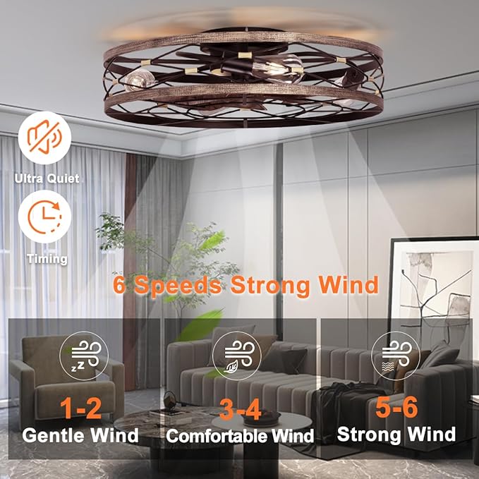 SHLUCE 23.6" Caged Ceiling Fan with Light Flush Mount, Farmhouse Low Profile Ceiling Fans with Lights and Remote, 6 Speeds Rustic Large Bladeless Ceiling Fan with Light for Bedroom, Living Room