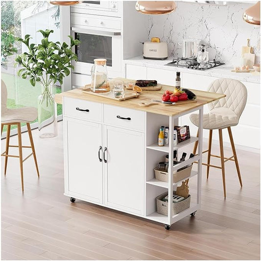 IDEALHOUSE Rolling Kitchen Island Cart with Drop Leaf, Kitchen Storage Cabinet On Wheels with 2 Drawers, 3 Open Spice Racks and Towel Rack,White