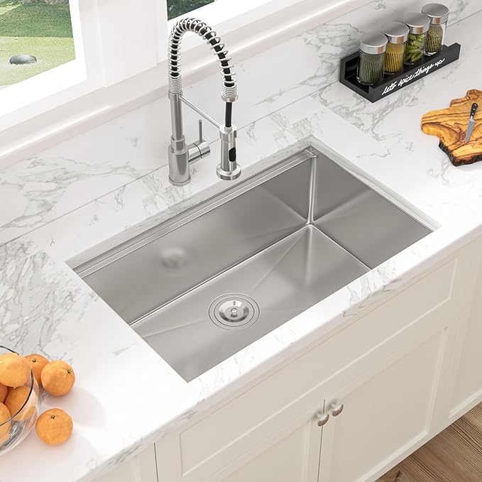 Sarlai 28 Kitchen Sink Undermount - 28 x 18 Inch Stainless Steel Kitchen Sink Undermount Ledge Workstation Deep Single Bowl 16 Gauge R10 Tight Radius Stainless Steel Sinks Basin