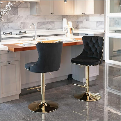 Golden Swivel Velvet Barstools Adjusatble Seat Height from 25-33 Inch,Modern Upholstered Bar Stools with Backs Comfortable Tufted for Home Pub and Kitchen Island,Black,Set of 2