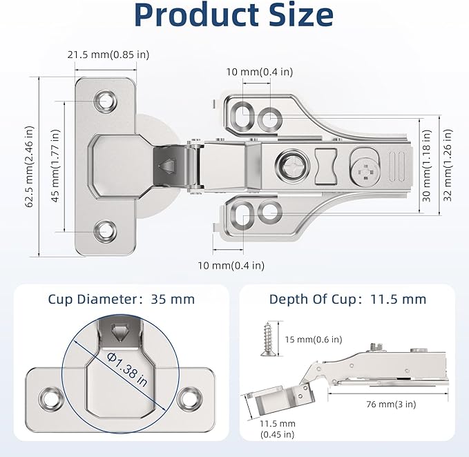 Chibery 20 Pack 1/4" Partial Overlay Soft Close Concealed Hinge for Face Frame ＆ Frameless Door, 3D Adjustment, Clip-on Plate, Slow Self Closing Hidden Satin Nickel, 105° Stainless Steel Hinges, 3/8"