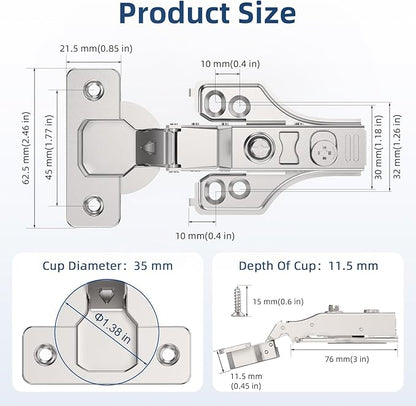 Chibery 30 Pack 1/4" Partial Overlay Soft Close Concealed Hinge for Face Frame ＆ Frameless Door, 3D Adjustment, Clip-on Plate, Slow Self Closing Hidden Satin Nickel, 105° Stainless Steel Hinges, 3/8"