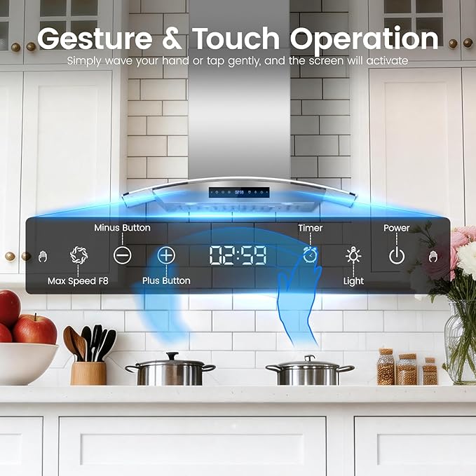 36 inch Wall Mount Range Hood, 1200 CFM Stainless Steel & Tempered Glass Vent Hood with 8-Speed Gesture Sensing and Touch Control, Dishwasher-Safe Baffle Filters, Delay Shutoff Timer