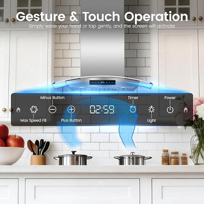 36 inch Wall Mount Range Hood, 1200 CFM Stainless Steel & Tempered Glass Vent Hood with 8-Speed Gesture Sensing and Touch Control, Dishwasher-Safe Baffle Filters, Delay Shutoff Timer