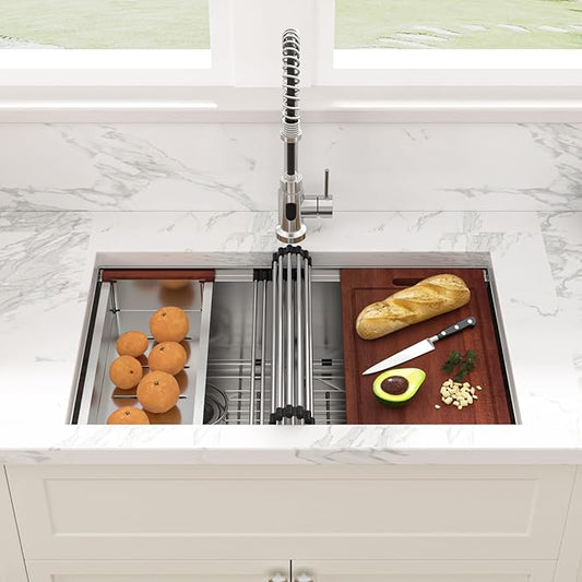 Sarlai 28 Undermount Kitchen Sink Double Bowl - 28x19 Inch Undermount Sink Stainless Steel 16 Gauge Ledge Workstation Sinks Low Divide 50/50 Double Basin Under Counter Kitchen Sinks