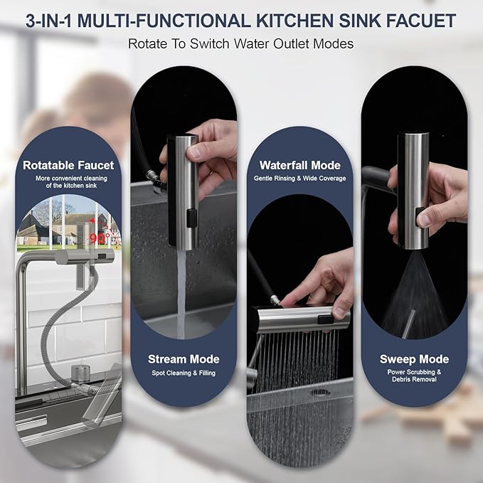 30 Inch Smart Waterfall Kitchen Sink - Beslend 30x19 Stainless Steel Drop In Waterfall Sink Topmount Workstation 16 Gauge Modern Sinks Single Bowl with Faucet, Cup Washer and Digital Display