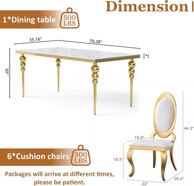 Glass Dining Table Set for 6 with 70" Rectangular White Glass Kitchen Table, 7 Piece Dining Room Set with 6 White Oval Back Upholstered Chairs for Living Room, Restaurant