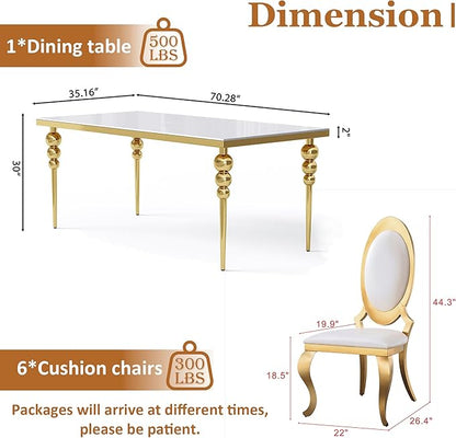 Glass Dining Table Set for 6 with 70" Rectangular White Glass Kitchen Table, 7 Piece Dining Room Set with 6 White Oval Back Upholstered Chairs for Living Room, Restaurant