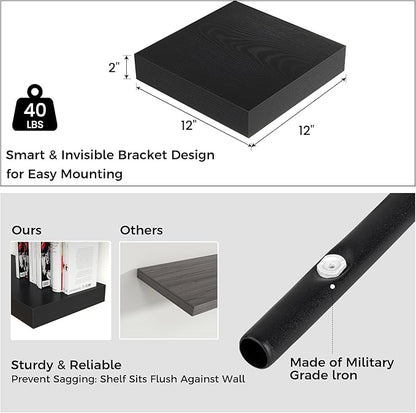 Venusmiles Square Floating Shelves for Wall, 12" W x 12" D x 2" H, 2 Pack of Small Wall Mounted Engineered Wood Shelves with Invisible Brackets for Living Room, Bedroom, Bathroom, Kitchen Decor, Black