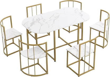 RuiSiSi Modern Dining Table Set for 6 Kitchen Table Set with 6 Dining Chairs and Faux Marble Tabletop for Kitchen, Dining Room, Small Space, Gold+White
