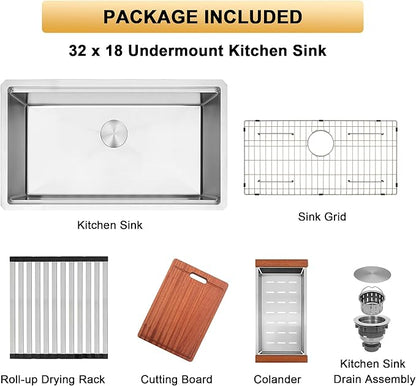 32 Inch Undermount Kitchen Sink, 16 Gauge T-304S Stainless Steel Workstation Sink with Accessories, 32" x 18" x 10" Large and Deep Single Bowl Kitchen Sink for Home, Kitchen and Outdoor