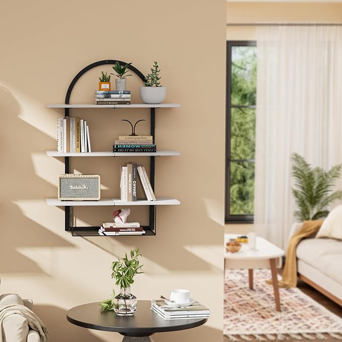 XLHOMO Floating Shelf for Wall- 31.5"x 24" 3+1 Tier White Bathroom Floating Shelves with Basket for Bathroom, Living Room,Bedroom and Kitchen
