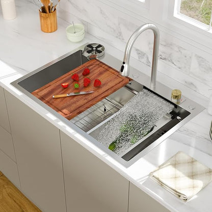 33 Inch Waterfall Kitchen Sink - Beslend 33x22 Drop In Waterfall Sink Workstation Smart Sinks 16 Gauge Stainless Steel Single Bowl Single Basin with Faucet Combo