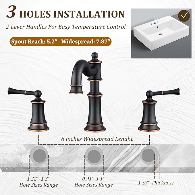 Bathroom Sink Faucet, Roman Stlye Rotated Spout Vanity Basin Faucets 3 Hole 2 Handle 8 inch Widespread Deck Mount Brass Faucet for Sink with Overflow Pop Up Drain Oil Rubbed Bronze NL2204-ORB