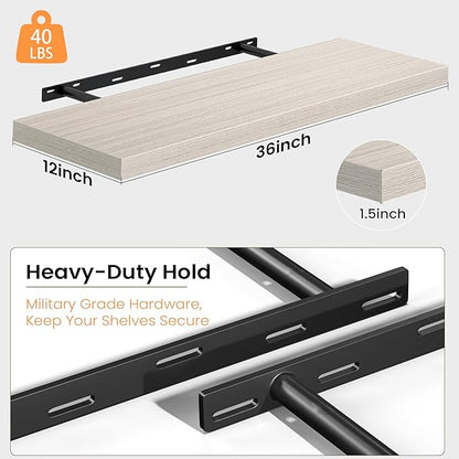 36 Inch Floating Shelves for Wall, 12 Inch Deep Shelves for Bedroom, Kitchen, Bathroom Wall Mounted, Rustic Wood Floating Shelf with Invisible Brackets for Books, Storage, Decor, Gray, 2 Pack