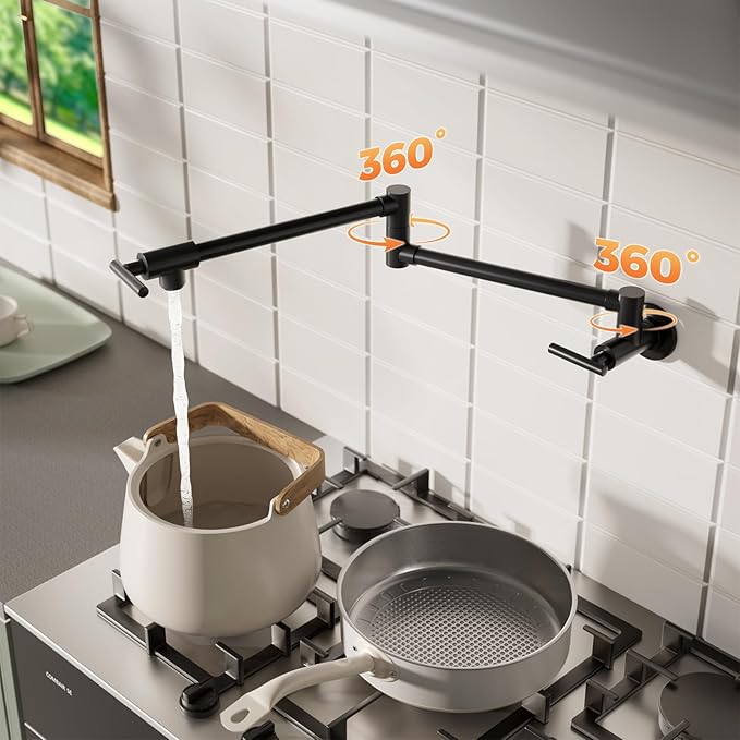 WOWOW Black Pot Filler Faucet - 304 Stainless Steel Pot Filler Over Stove, Wall Mounted Kitchen Folding Faucet with Double Joint Swing Arms