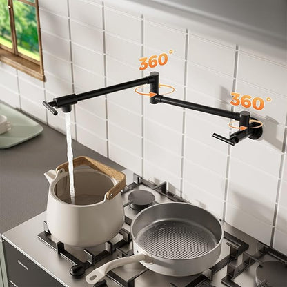 WOWOW Black Pot Filler Faucet - 304 Stainless Steel Pot Filler Over Stove, Wall Mounted Kitchen Folding Faucet with Double Joint Swing Arms