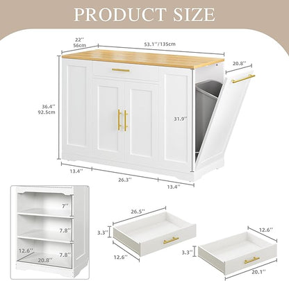 DWVO Large Kitchen Island with Trash Can Cabinet, 53 Inch Kitchen Island on Wheels, Rolling Island with Tilt-Out Garbage Storage Fits 13 Gallon Bin, Spice Rack and Drawer, for Dining Room, White