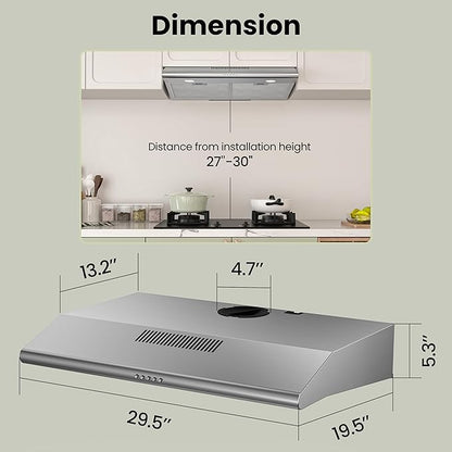 FIREGAS 30 Inch Under Cabinet Range Hood, 300 CFM Ducted/Ductless Kitchen Vent Hood Over Stove, 3-Speed Exhaust Fan with LED Light, Reusable Filter & Charcoal Filter, Stainless Steel