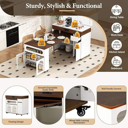Extendable Dining Table with Rolling Kitchen Island, 54.1" Folding Top, Storage Cabinet, Drawers, Power Outlet, USB Ports, Brake Lock Wheels, 4-5 People, 110 LBS Capacity, Walnut