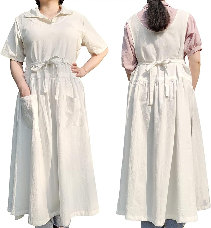 Women Plus Size Cotton Linen Vintage Pleated Split Apron Pinafore Dress with Two Pockets