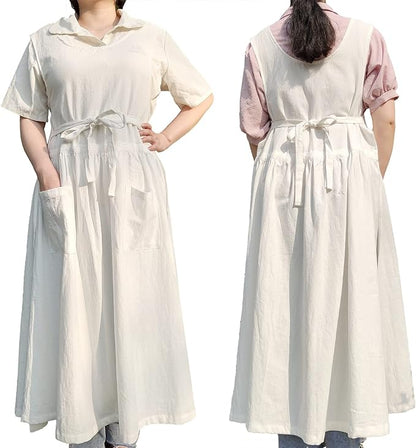 Women Plus Size Cotton Linen Vintage Pleated Split Apron Pinafore Dress with Two Pockets