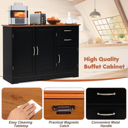 LOKO Buffet Cabinet With Storage, Modern Bar With 3 Doors, 2 Drawers & Adjustable Shelf, Kitchen Sideboard Console Table for Living Room, 43.5 x 16 x 31 Inches (Black)