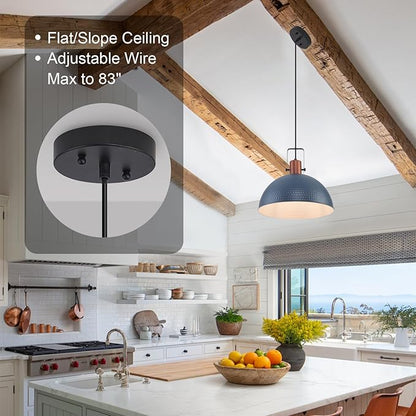 16 Inch Blue Pendant Lights Hammered Matte Pendant Lights for Kitchen Island Industrial Farmhouse Adjustable Height Dome Hanging Light Fixtures for Barn, Dining Room 2 Packs