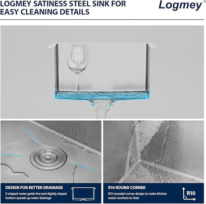 Logmey 13x15 Undermount Bar Sink,16 Gauge Heavy-Duty Stainless Steel Handmade Small Kitchen Sink,Scratch-resistant,Easy Clean,13x15x9 Single Bowl Utility Sink for RV & Prep Station