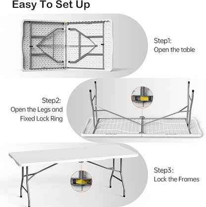 Folding Table 6 Foot for Indoor Outdoor, Portable Heavy Duty Fold-in-Half Utility Plastic Foldable Dining Table with Carrying Handle for Picnic, Camping and Party, White
