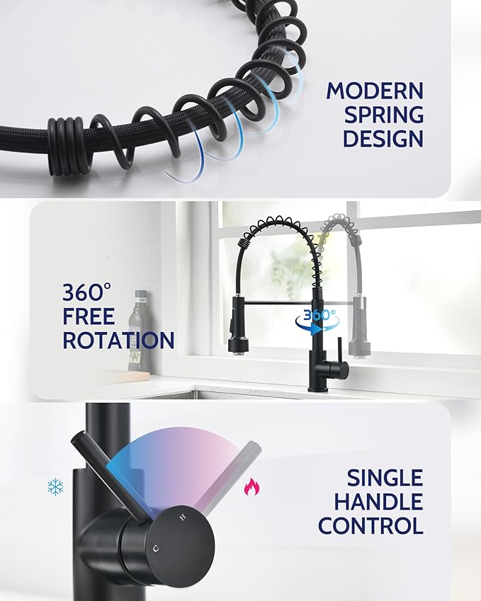 LUFEIDRA Black Kitchen Faucet with Sprayer LED Light, High Arc Spring 304 Stainless Steel Single Handle LED Faucets, Kitchen Sink Faucet for Bar Sink Rv, Matte Black