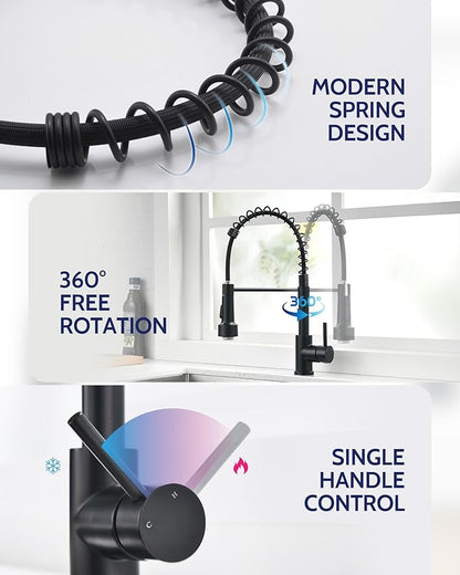 LUFEIDRA Black Kitchen Faucet with Sprayer LED Light, High Arc Spring 304 Stainless Steel Single Handle LED Faucets, Kitchen Sink Faucet for Bar Sink Rv, Matte Black