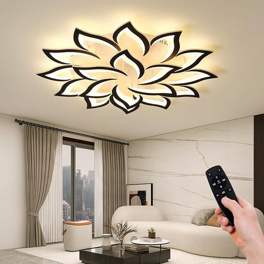 JAYMP 39.4" Flower Shaped Ceiling Light Dimmable Modern Ceiling Lamp Remote Control LED Lighting Fixture for Living Room Dining Room Farmhouse (Black/18 Petals)