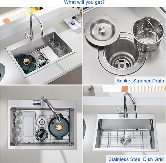 MENATT 24x18 Inch Drop in Kitchen Sink, 304 Stainless Steel Single Bowl with Bottom Grid Mat & X-Shape Drain, 9" Deep Compact Sink for Small Kitchen, Apartment, Wet Bar, Office Pantry, Laundry Room