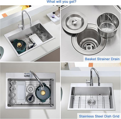 MENATT 24x18 Inch Drop in Kitchen Sink, 304 Stainless Steel Single Bowl with Bottom Grid Mat & X-Shape Drain, 9" Deep Compact Sink for Small Kitchen, Apartment, Wet Bar, Office Pantry, Laundry Room