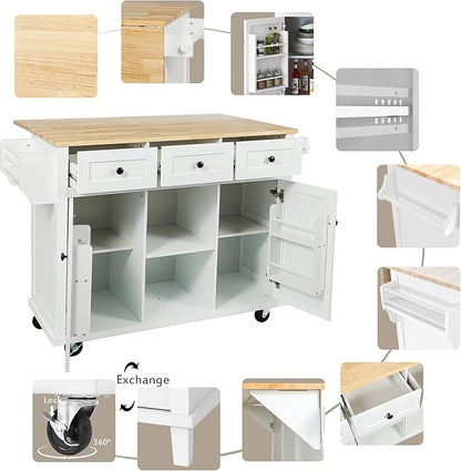 Ball & Cast Kitchen Cart with Rubber Wood Drop-Leaf Countertop,Cabinet Door Internal Storage Racks,Kitchen Island on 5 Wheels W/Storage Cabinet and 3 Drawers for Dinning Room,White,53"