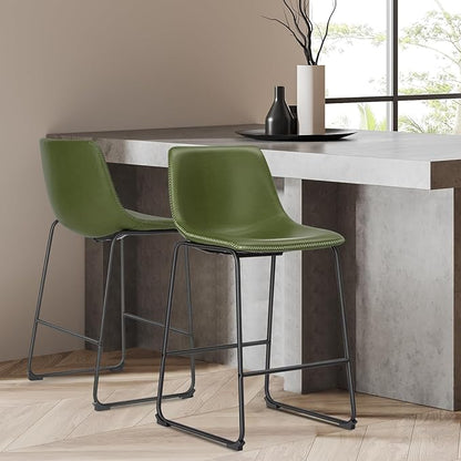 DUMOS 26 Inch Counter Height Bar Stools Set of 2, Modern Faux Leather High Barstools with Back and Metal Leg, Bar Chairs for Kitchen Island, Green