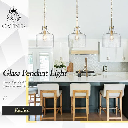 CATINER 12" Gold Glass Pendant Light, Seeded Bubble Shade Modern Farmhouse Hanging Light for Kitchen Island, Dining Room, E26 Dimmable Ceiling Fixture