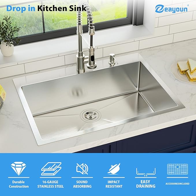 30 Inch Drop in Kitchen Sink 30x22 Drop in Kitchen Sink 16 Gague Topmount Stainless Steel Single Bowl Handmade Sinks Large Deep Basin 30"x22"x9"