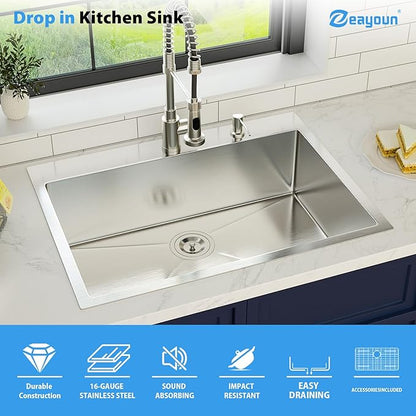 30 Inch Drop in Kitchen Sink 30x22 Drop in Kitchen Sink 16 Gague Topmount Stainless Steel Single Bowl Handmade Sinks Large Deep Basin 30"x22"x9"