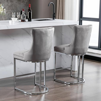 26" Counter Height Bar Stools Set of 2, Modern Velvet Barstools with Button Back&Rivet Trim Upholstered Kitchen Island Chairs with Sturdy Chromed Metal Base Legs,for Living Room