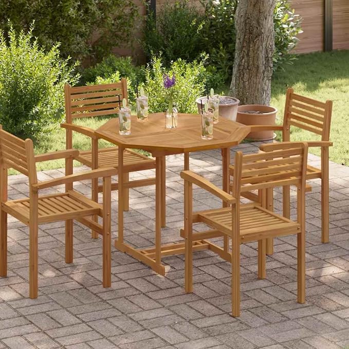 Octagonal Solid Teak Wood Table Top 35.4 in Outdoor Butcher Block Style, Oiled Brown Finish, Parasol Hole Ready for Dining or Standing Desk, Indoors & Patio Use