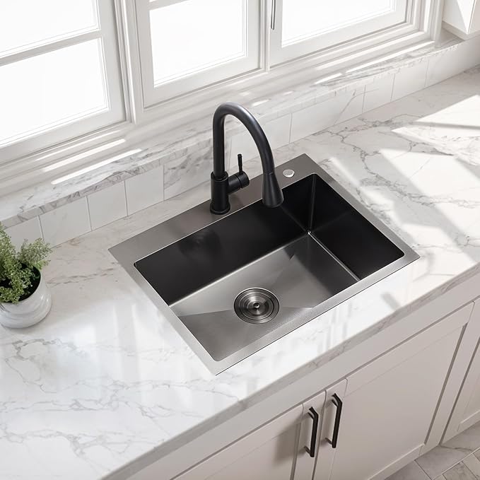 HOTIS 24 X 18 Inch Black Drop In Kitchen Sink, Black Stainless Steel Kitchen Sink, Large Residential Sink with 2 Holes, Single Bowl Topmount Workstation Sink with Dish Grid & Drain
